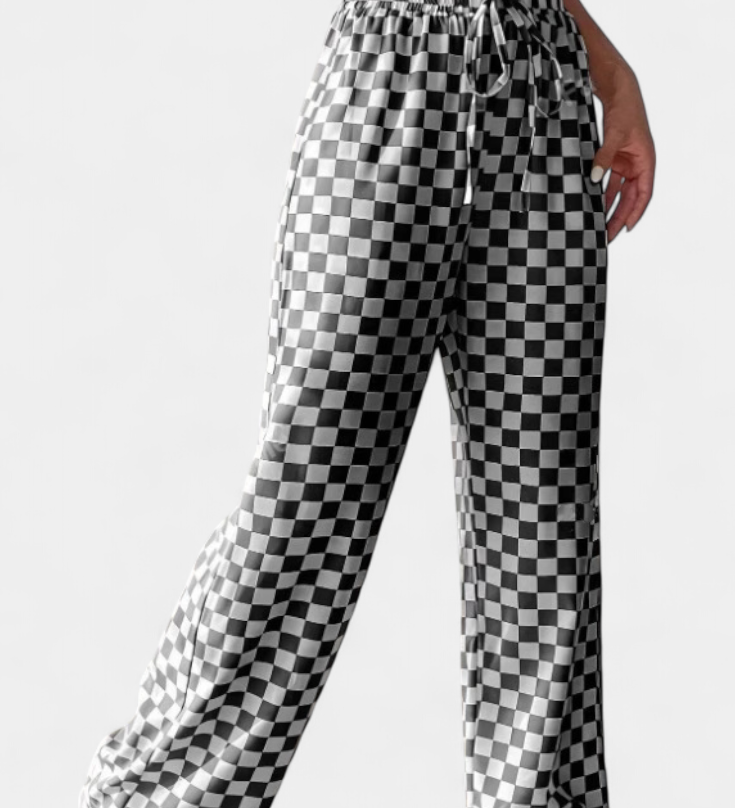 Pantalons Hilaria à Jambe Large avec Imprimé Carreaux