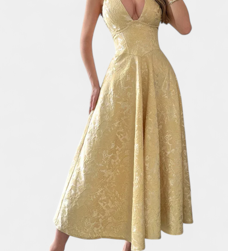 Robe Midi Jacquard Gilda avec Dos Nu et Taille Haute