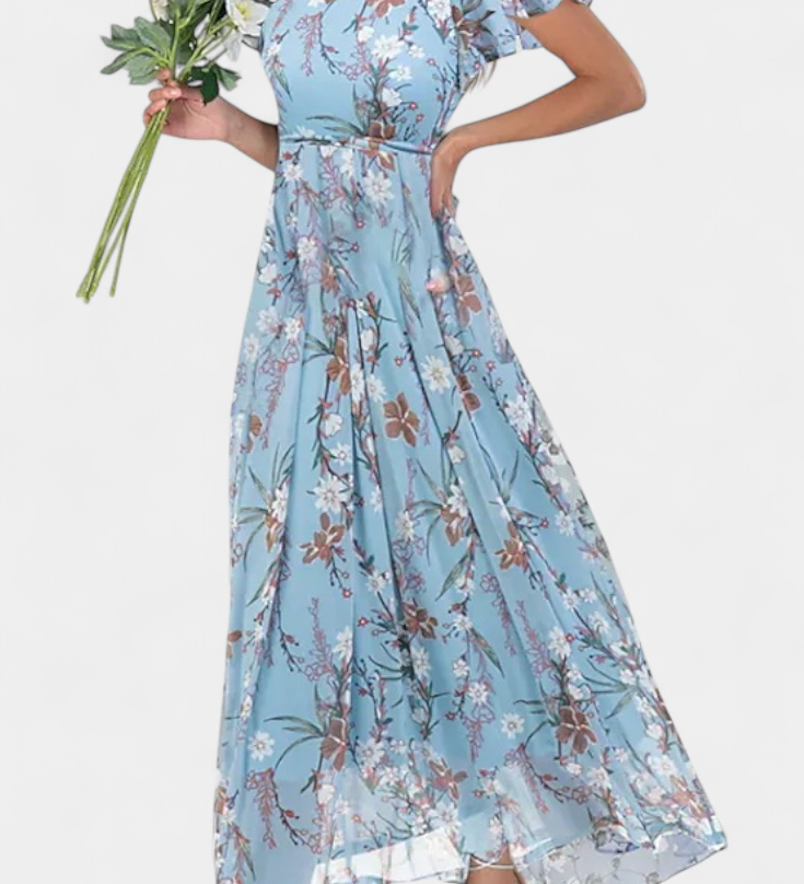 Robe Maxi Fleurie Amara avec Décolleté en V et Manches Volantes