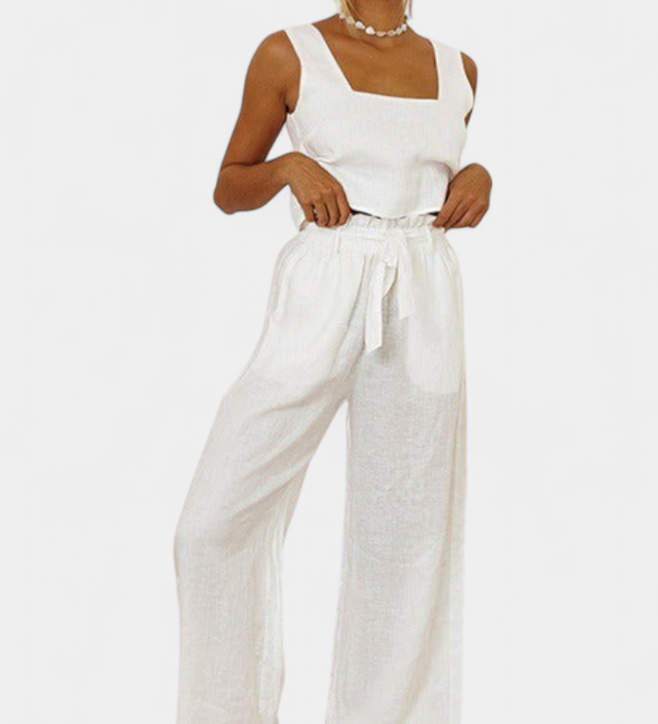Ensemble en Lin Pascuala en Deux Pièces avec Blouse Sans Manches et Pantalon Fluide