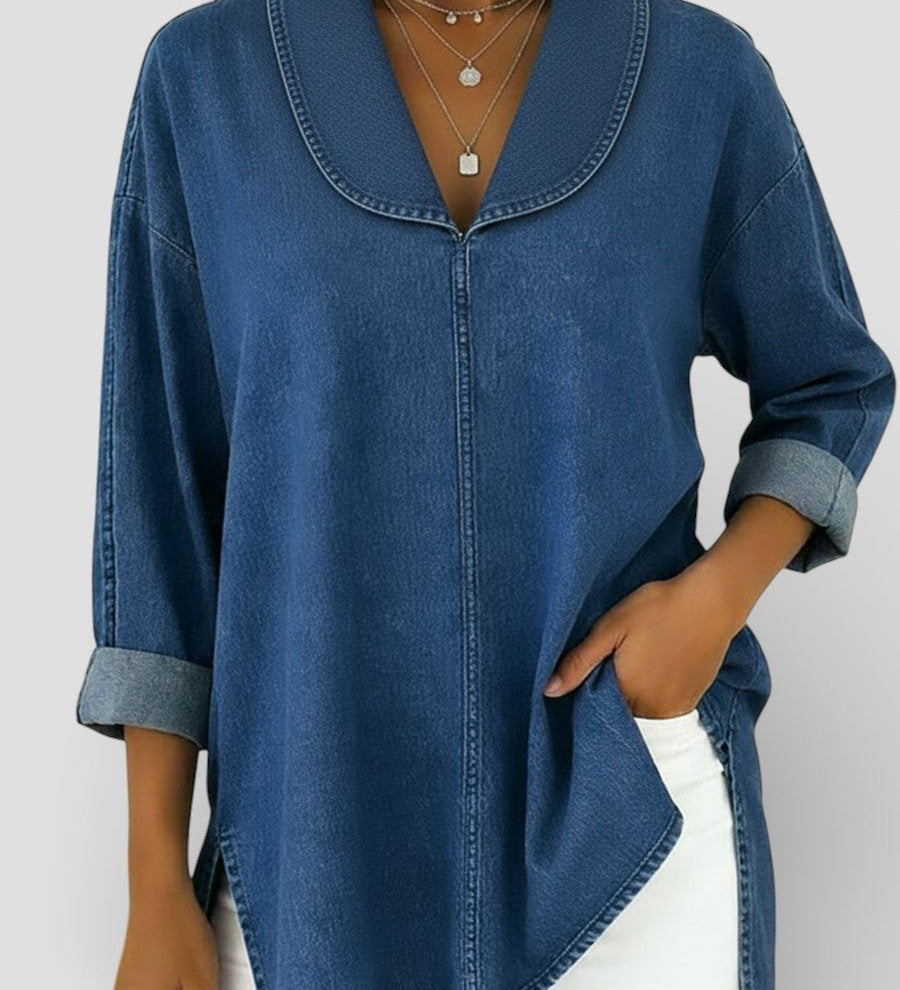 Alicia™ | Blouse en Denim Rétro avec Col Châle