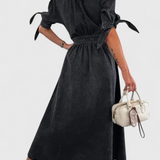 Robe Midi en Jean Adelina avec Boutons et Décolleté en V